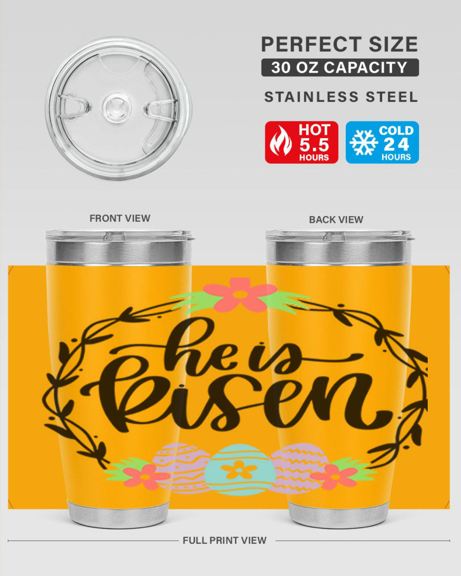 He is Risen 20oz tumbler featuring double wall vacuum stainless steel design with a drink-thru lid, perfect for hot and cold beverages.