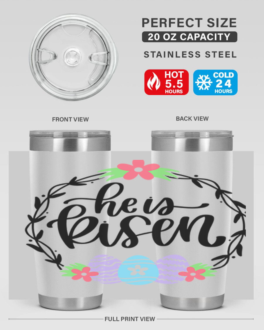 He is Risen 20oz tumbler featuring double wall vacuum stainless steel design with a drink-thru lid, perfect for hot and cold beverages.
