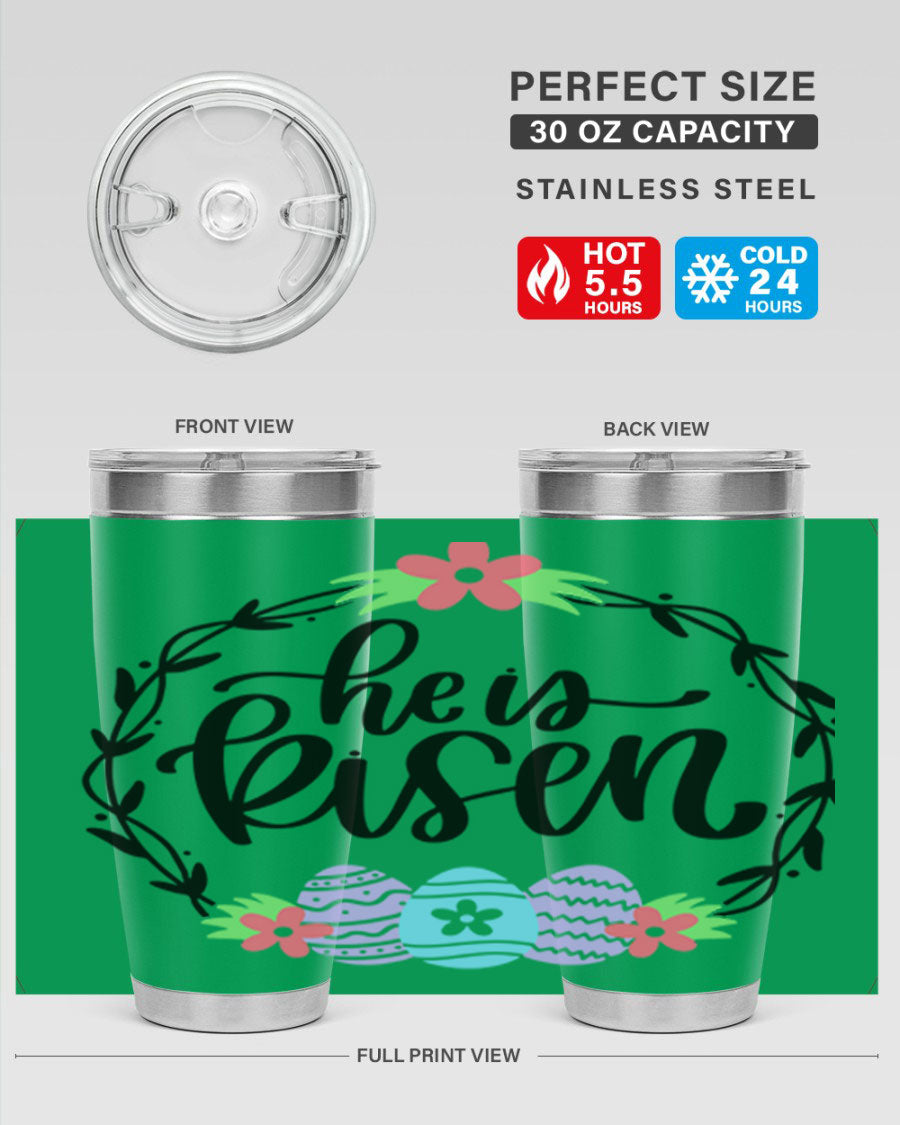 He is Risen 20oz tumbler featuring double wall vacuum stainless steel design with a drink-thru lid, perfect for hot and cold beverages.
