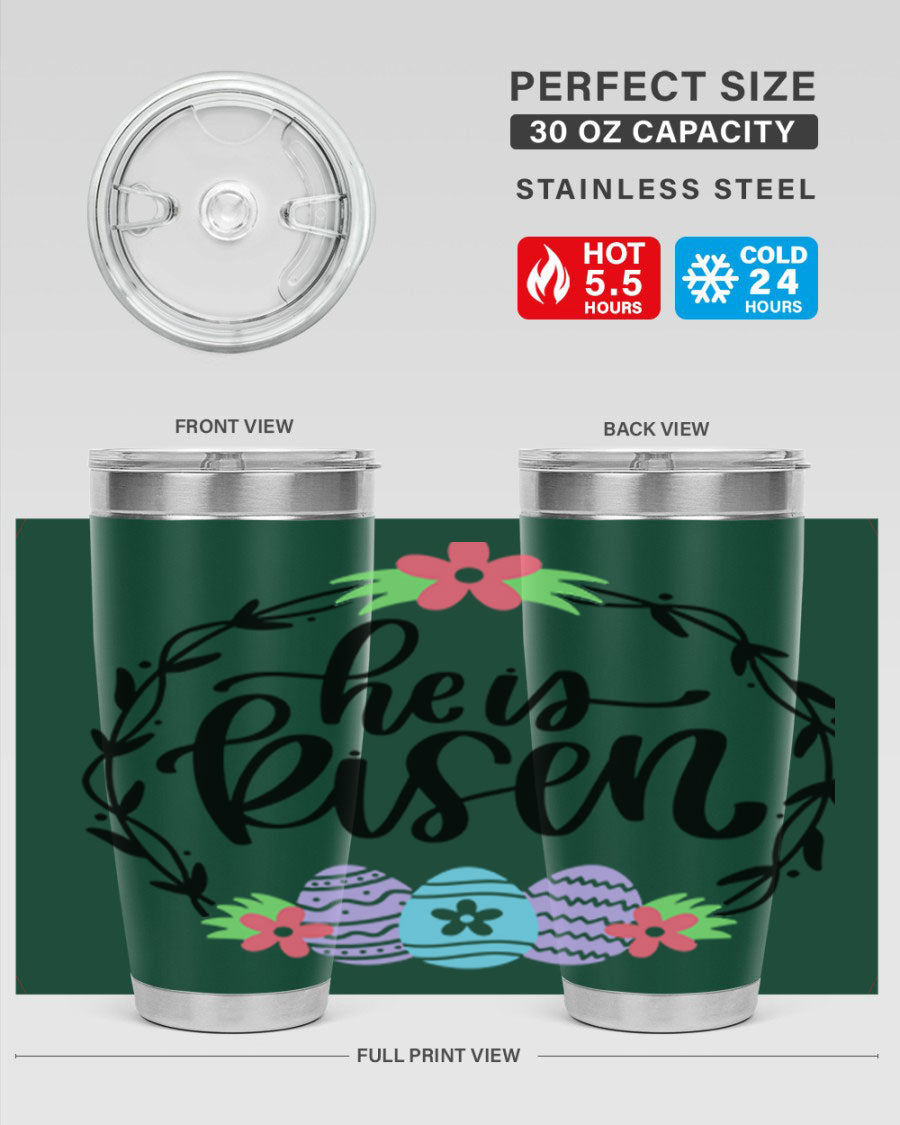 He is Risen 20oz tumbler featuring double wall vacuum stainless steel design with a drink-thru lid, perfect for hot and cold beverages.