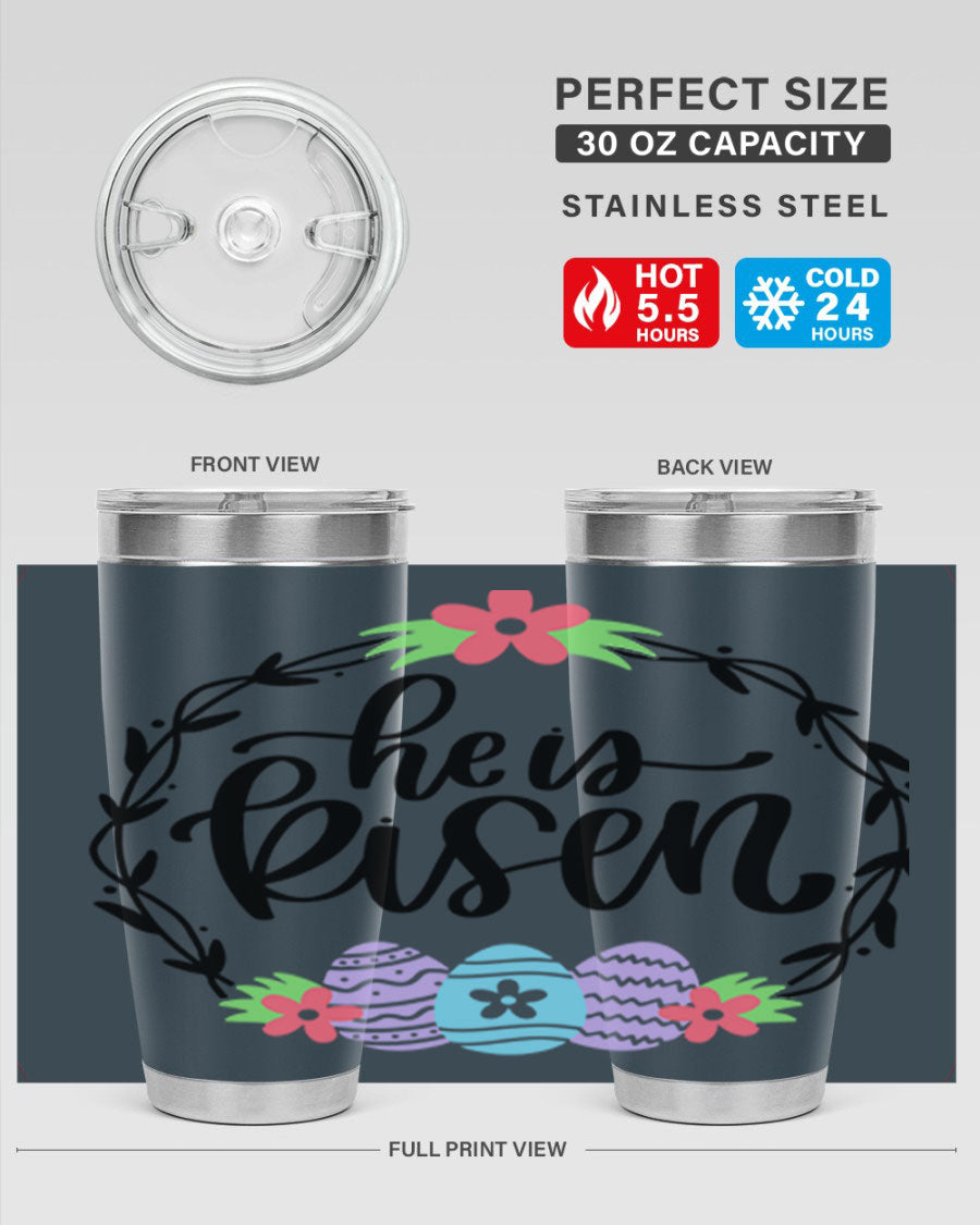 He is Risen 20oz tumbler featuring double wall vacuum stainless steel design with a drink-thru lid, perfect for hot and cold beverages.