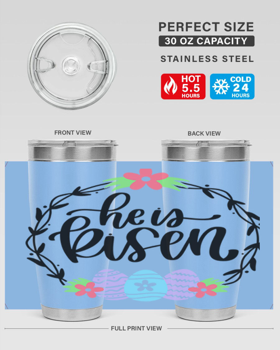 He is Risen 20oz tumbler featuring double wall vacuum stainless steel design with a drink-thru lid, perfect for hot and cold beverages.