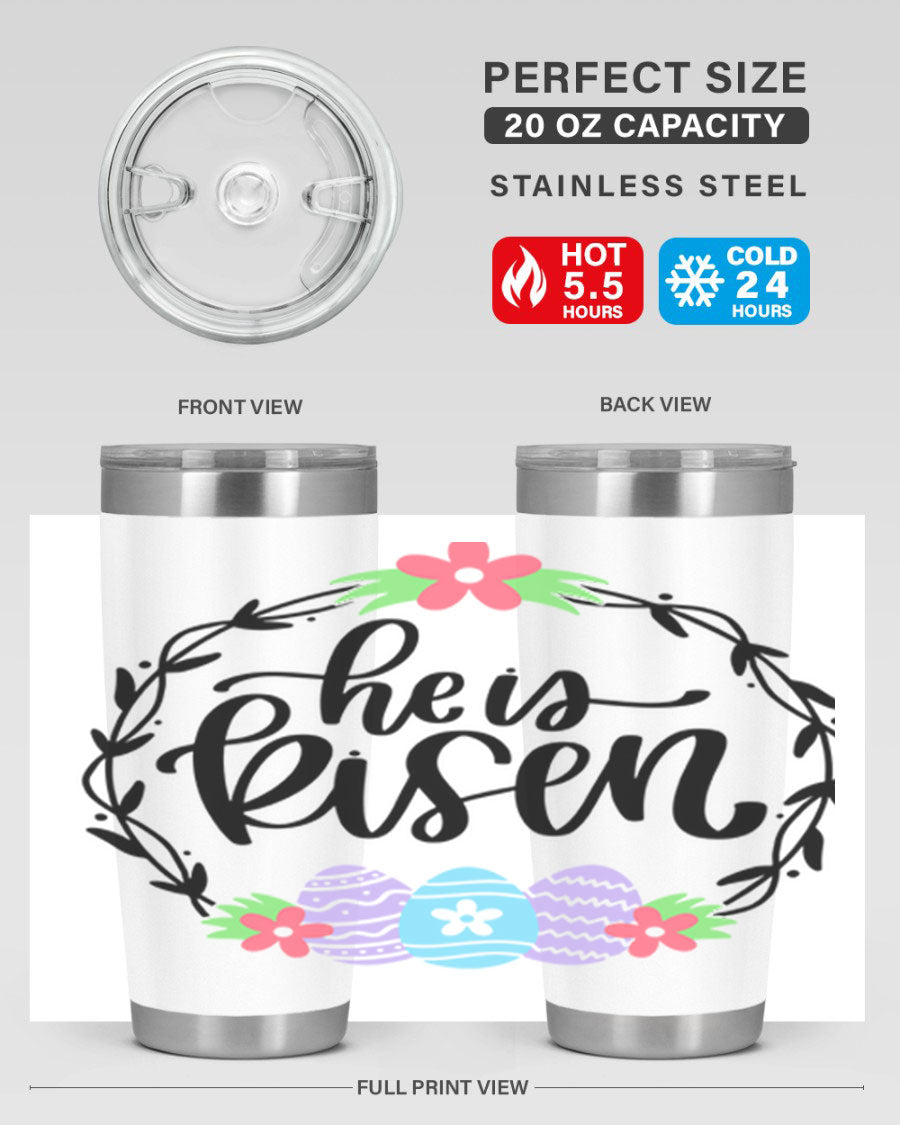 He is Risen 20oz tumbler featuring double wall vacuum stainless steel design with a drink-thru lid, perfect for hot and cold beverages.