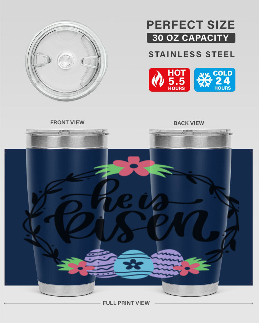 He is Risen 20oz tumbler featuring double wall vacuum stainless steel design with a drink-thru lid, perfect for hot and cold beverages.