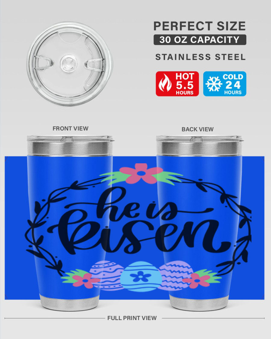 He is Risen 20oz tumbler featuring double wall vacuum stainless steel design with a drink-thru lid, perfect for hot and cold beverages.