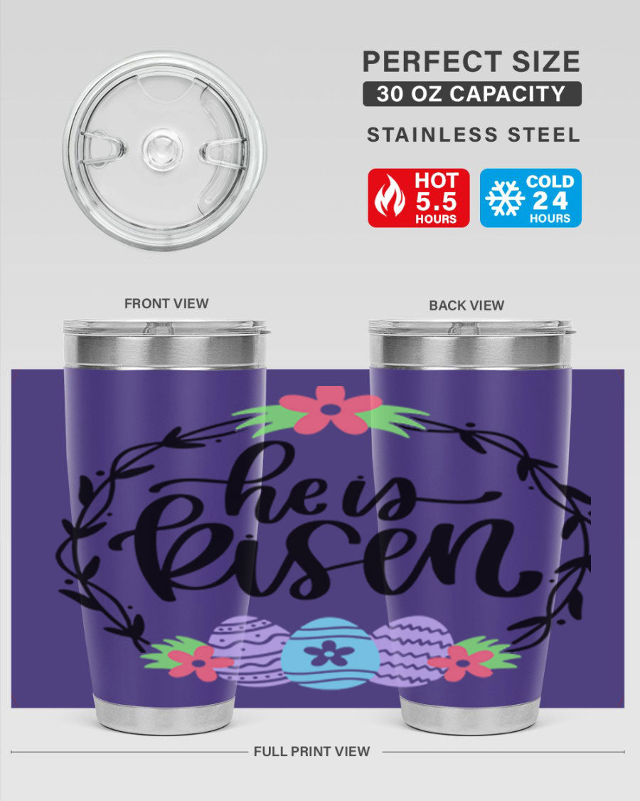 He is Risen 20oz tumbler featuring double wall vacuum stainless steel design with a drink-thru lid, perfect for hot and cold beverages.