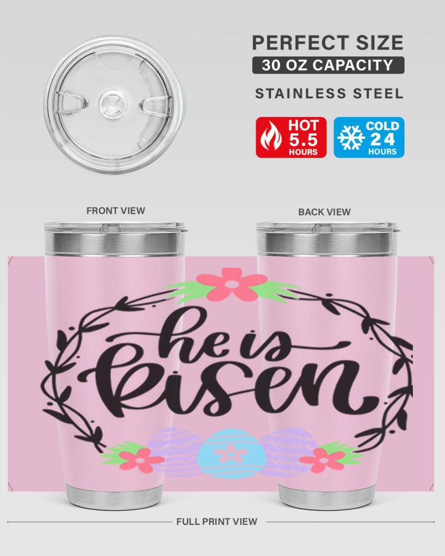 He is Risen 20oz tumbler featuring double wall vacuum stainless steel design with a drink-thru lid, perfect for hot and cold beverages.
