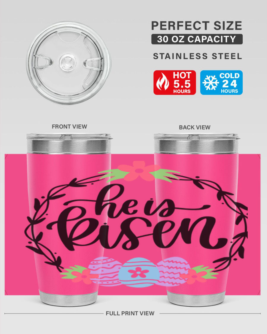 He is Risen 20oz tumbler featuring double wall vacuum stainless steel design with a drink-thru lid, perfect for hot and cold beverages.