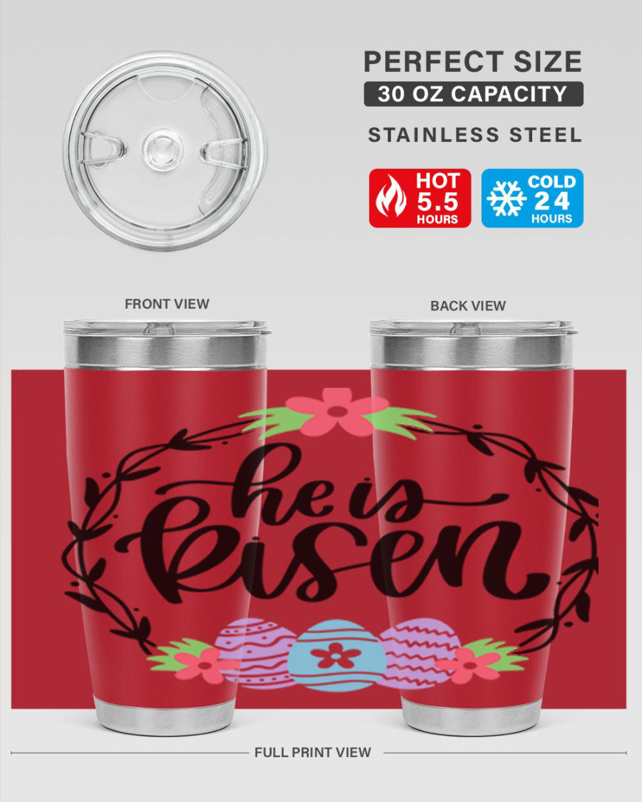He is Risen 20oz tumbler featuring double wall vacuum stainless steel design with a drink-thru lid, perfect for hot and cold beverages.