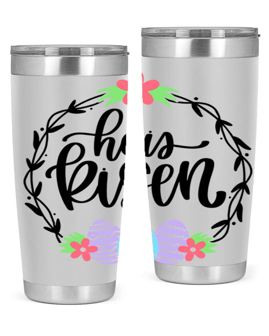 He is Risen 20oz tumbler featuring double wall vacuum stainless steel design with a drink-thru lid, perfect for hot and cold beverages.