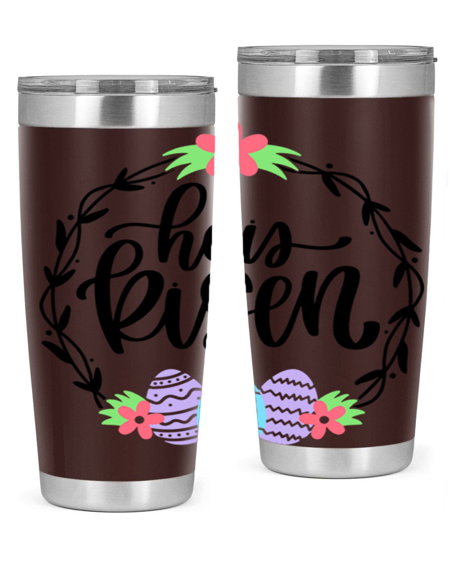 He is Risen 20oz tumbler featuring double wall vacuum stainless steel design with a drink-thru lid, perfect for hot and cold beverages.