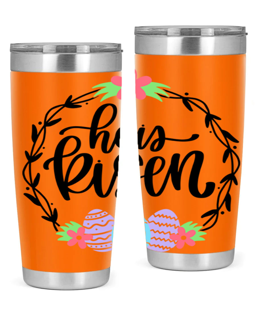 He is Risen 20oz tumbler featuring double wall vacuum stainless steel design with a drink-thru lid, perfect for hot and cold beverages.