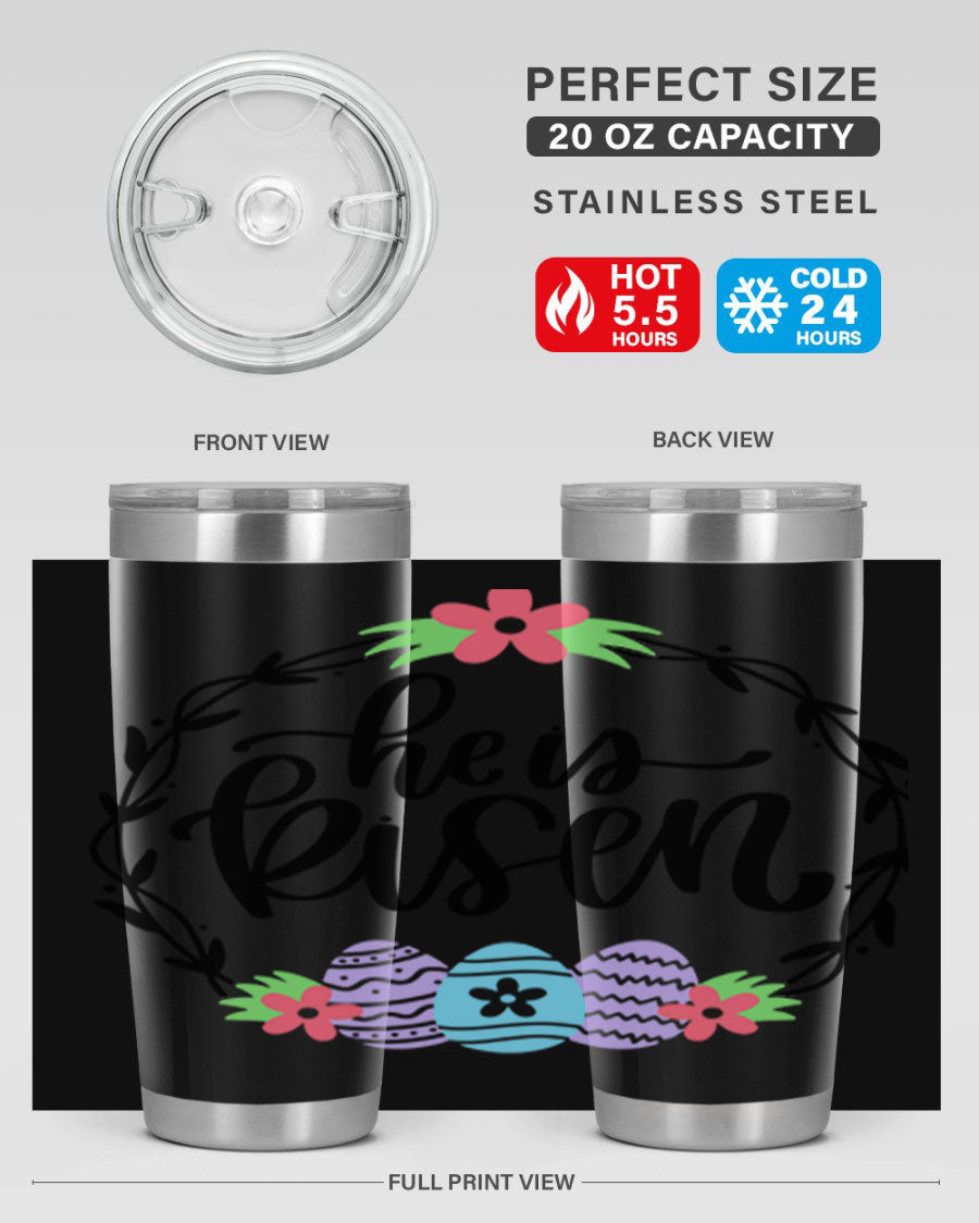 He is Risen 20oz tumbler featuring double wall vacuum stainless steel design with a drink-thru lid, perfect for hot and cold beverages.