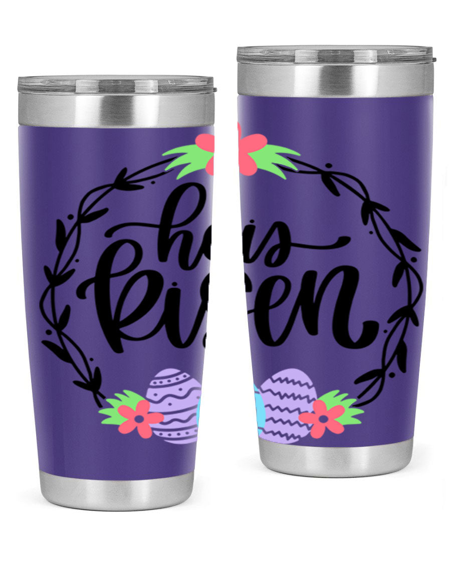 He is Risen 20oz tumbler featuring double wall vacuum stainless steel design with a drink-thru lid, perfect for hot and cold beverages.
