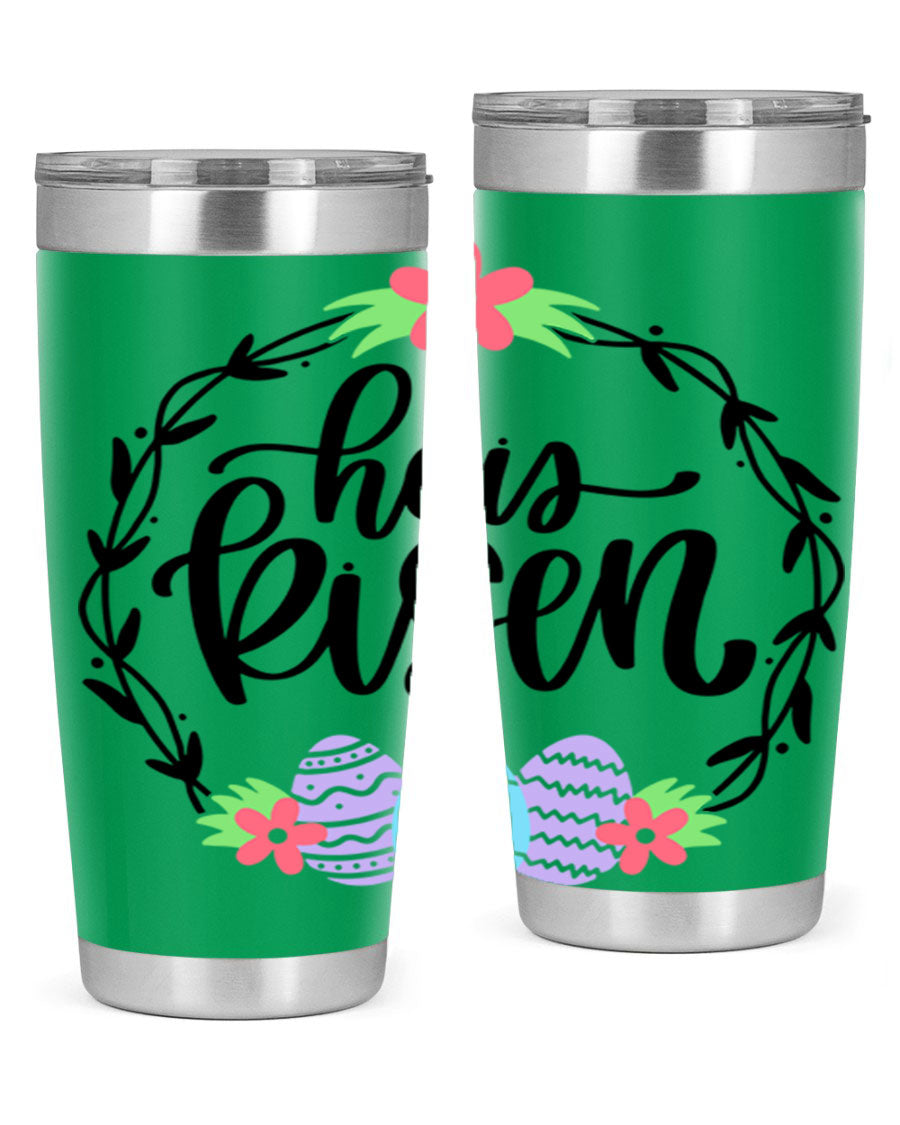 He is Risen 20oz tumbler featuring double wall vacuum stainless steel design with a drink-thru lid, perfect for hot and cold beverages.