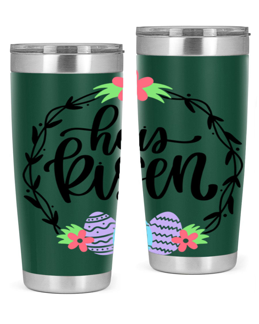 He is Risen 20oz tumbler featuring double wall vacuum stainless steel design with a drink-thru lid, perfect for hot and cold beverages.