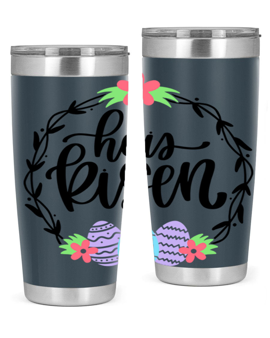 He is Risen 20oz tumbler featuring double wall vacuum stainless steel design with a drink-thru lid, perfect for hot and cold beverages.