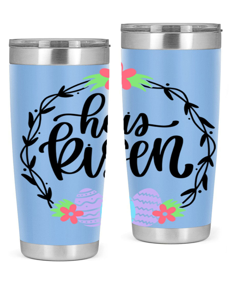 He is Risen 20oz tumbler featuring double wall vacuum stainless steel design with a drink-thru lid, perfect for hot and cold beverages.