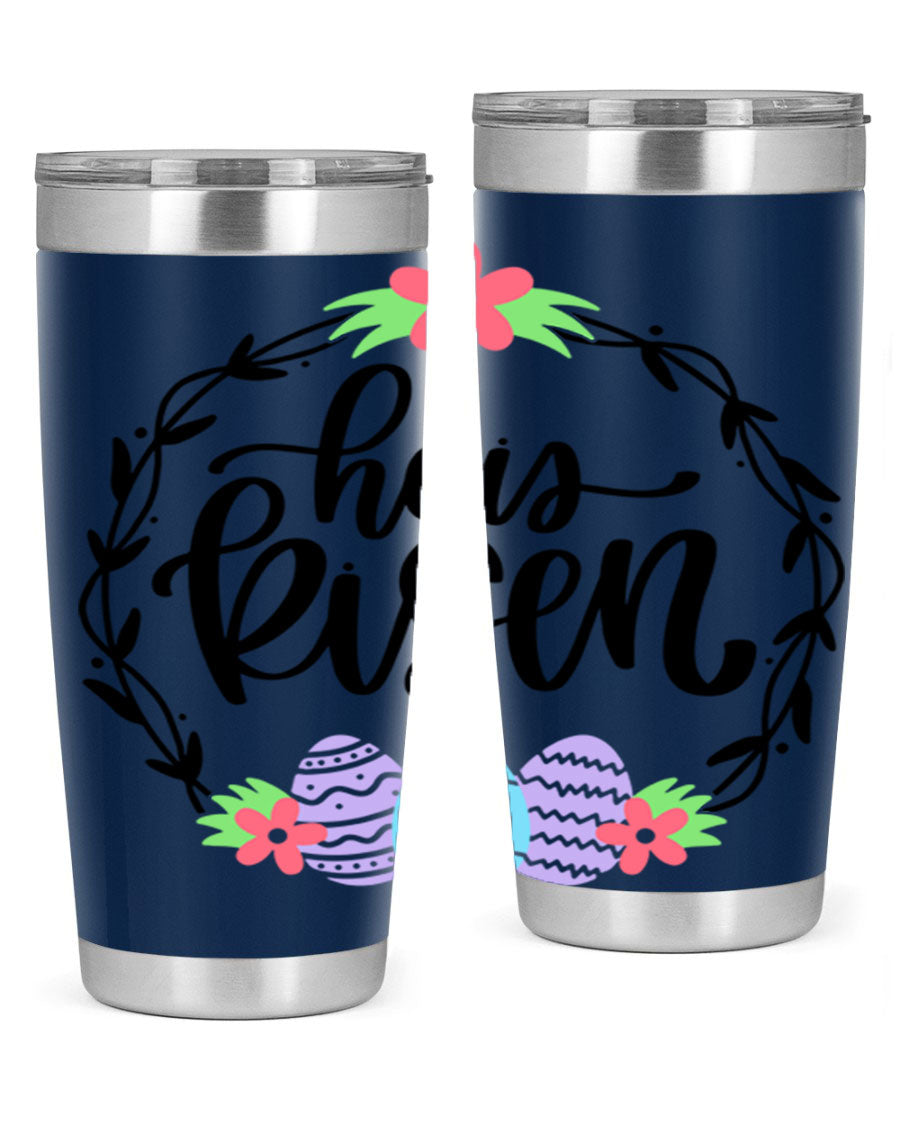 He is Risen 20oz tumbler featuring double wall vacuum stainless steel design with a drink-thru lid, perfect for hot and cold beverages.