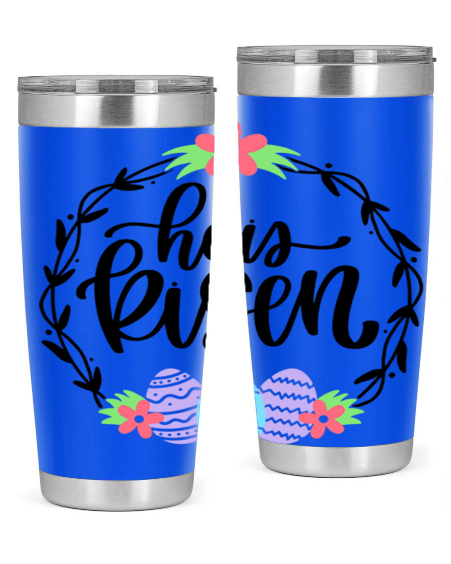 He is Risen 20oz tumbler featuring double wall vacuum stainless steel design with a drink-thru lid, perfect for hot and cold beverages.