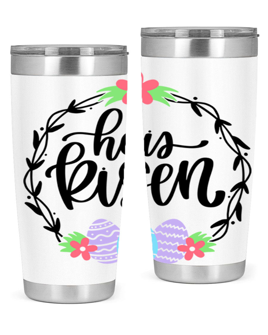 He is Risen 20oz tumbler featuring double wall vacuum stainless steel design with a drink-thru lid, perfect for hot and cold beverages.