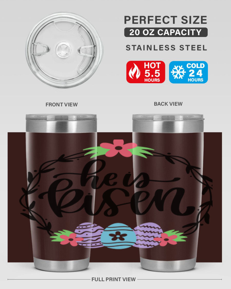 He is Risen 20oz tumbler featuring double wall vacuum stainless steel design with a drink-thru lid, perfect for hot and cold beverages.