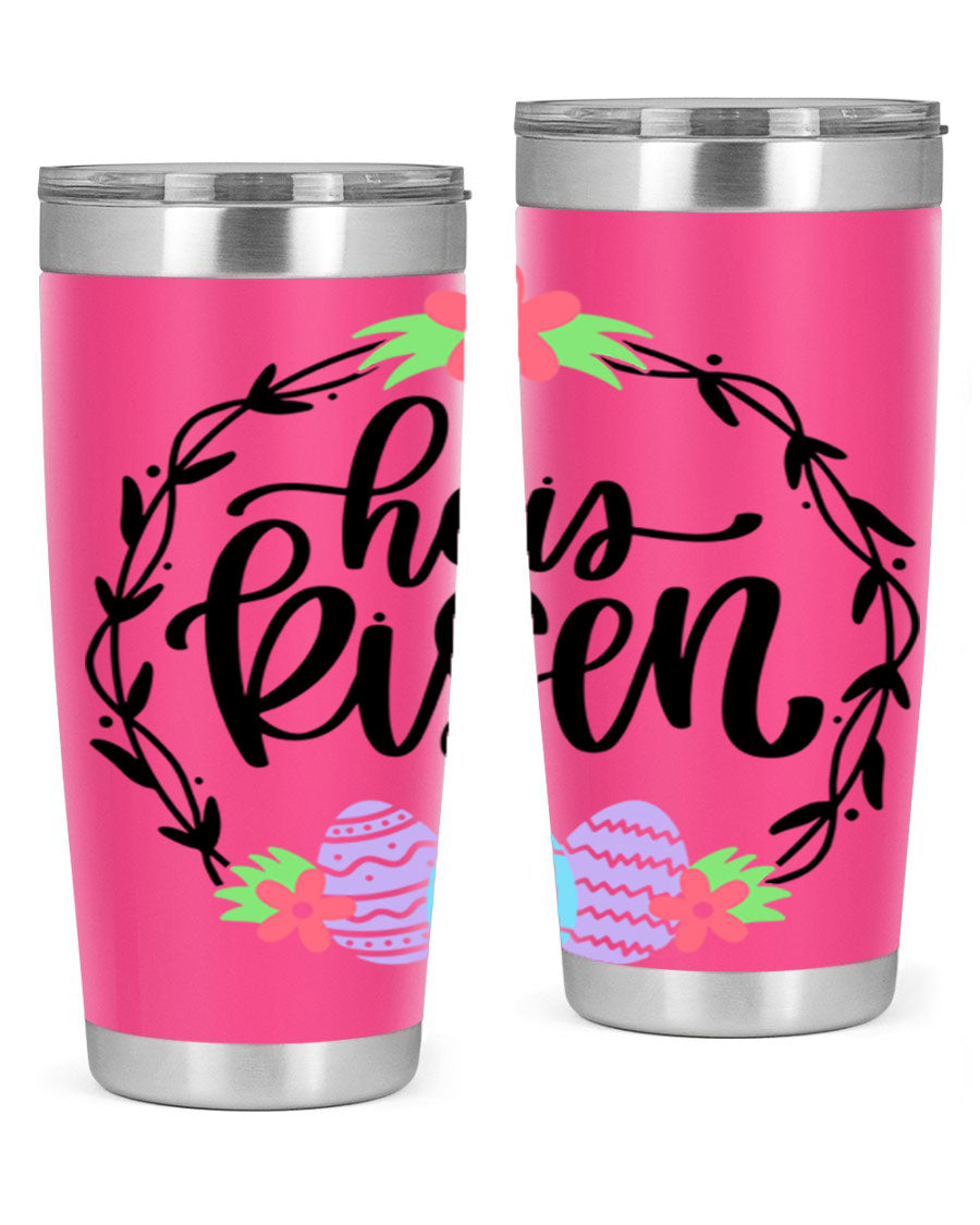 He is Risen 20oz tumbler featuring double wall vacuum stainless steel design with a drink-thru lid, perfect for hot and cold beverages.