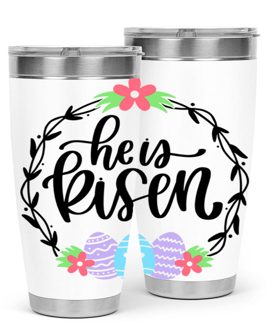 He is Risen 20oz tumbler featuring double wall vacuum stainless steel design with a drink-thru lid, perfect for hot and cold beverages.