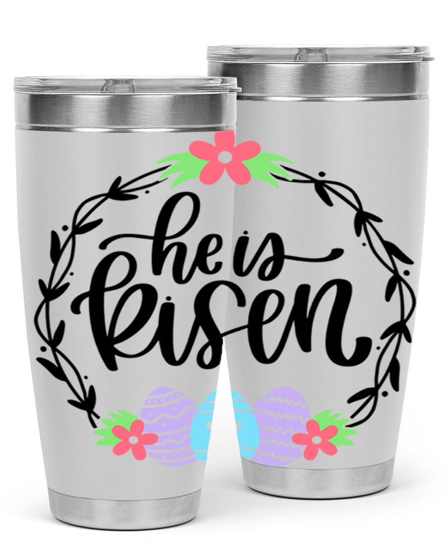 He is Risen 20oz tumbler featuring double wall vacuum stainless steel design with a drink-thru lid, perfect for hot and cold beverages.