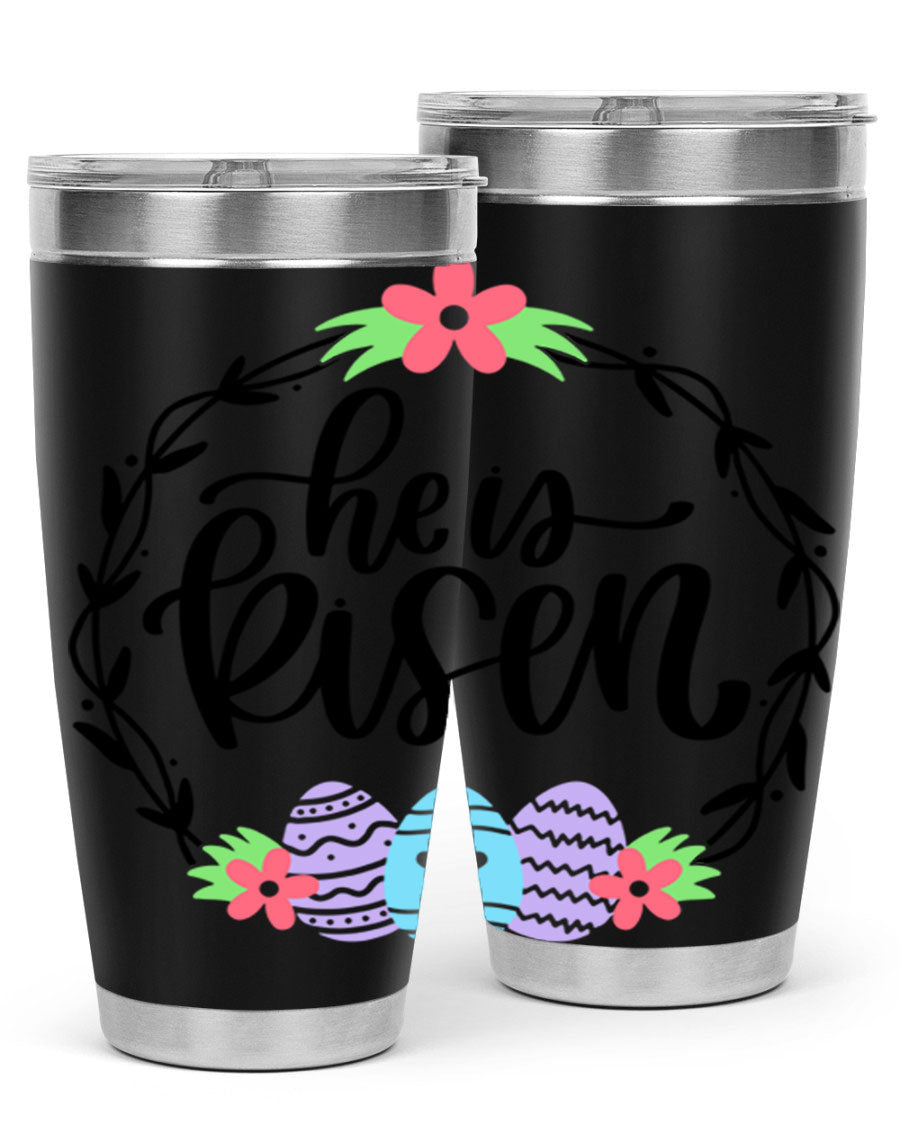 He is Risen 20oz tumbler featuring double wall vacuum stainless steel design with a drink-thru lid, perfect for hot and cold beverages.