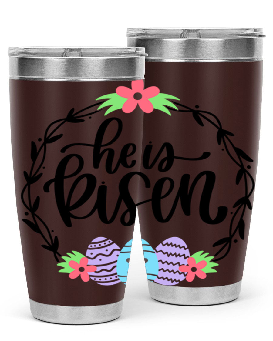 He is Risen 20oz tumbler featuring double wall vacuum stainless steel design with a drink-thru lid, perfect for hot and cold beverages.