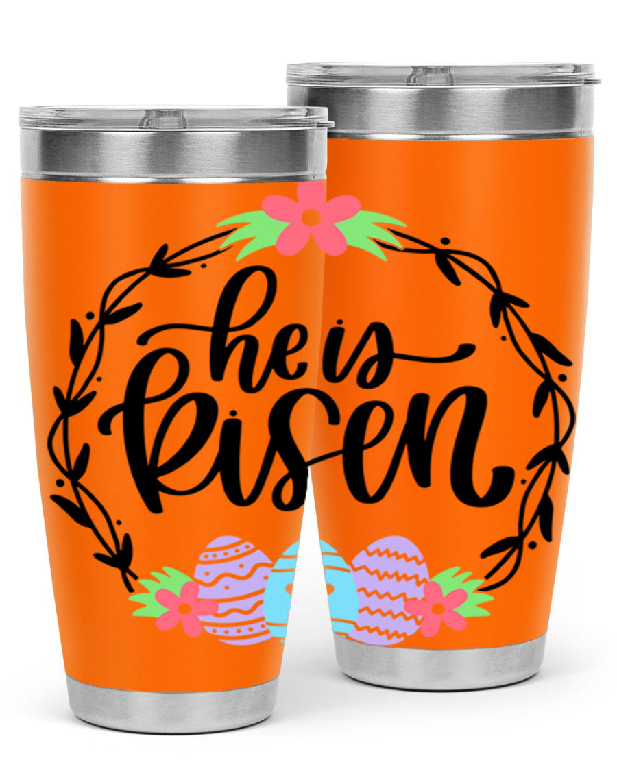 He is Risen 20oz tumbler featuring double wall vacuum stainless steel design with a drink-thru lid, perfect for hot and cold beverages.