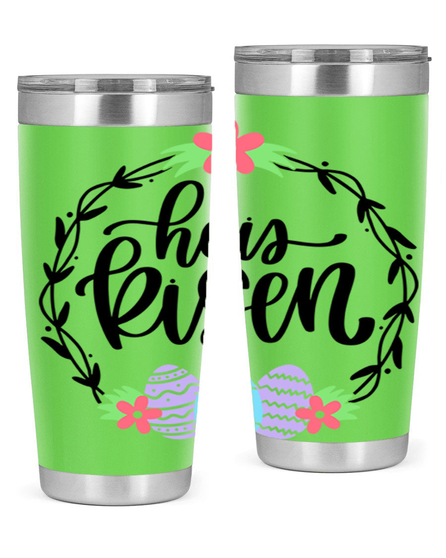 He is Risen 20oz tumbler featuring double wall vacuum stainless steel design with a drink-thru lid, perfect for hot and cold beverages.