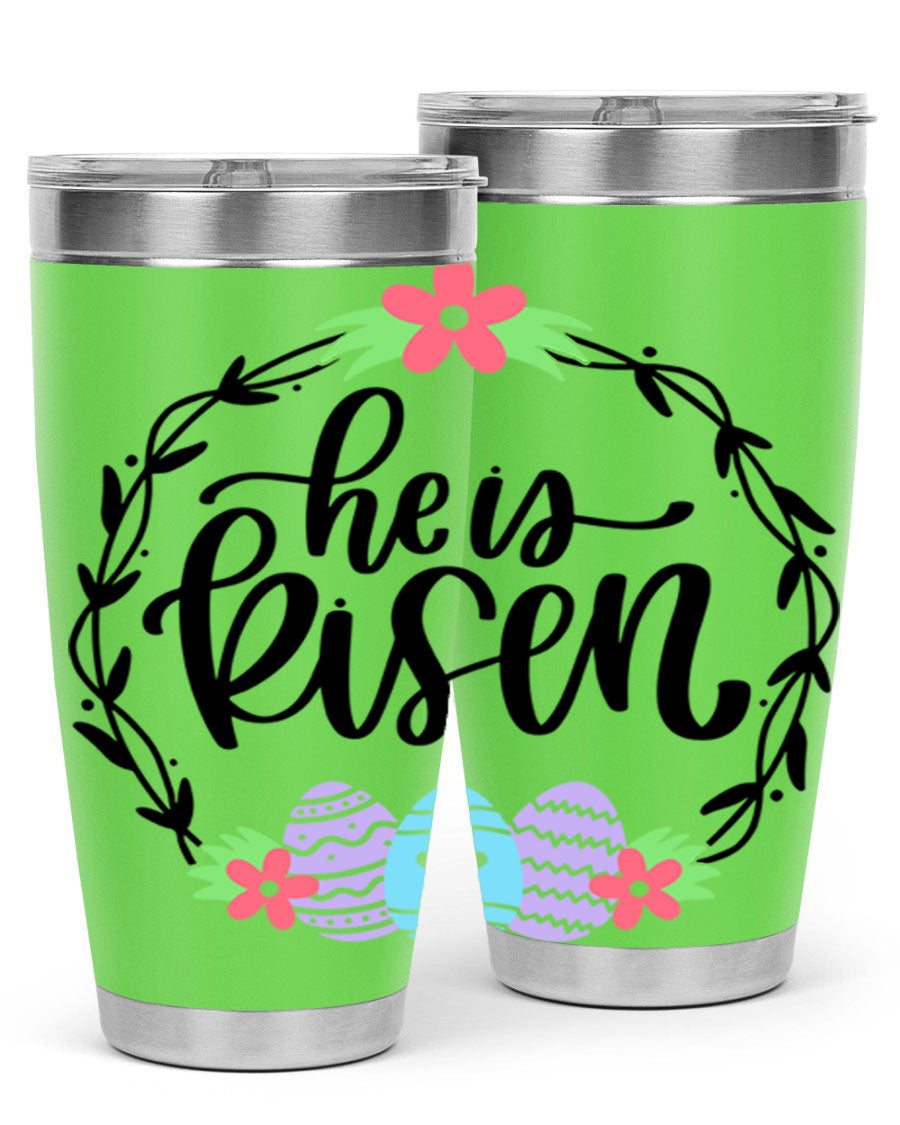 He is Risen 20oz tumbler featuring double wall vacuum stainless steel design with a drink-thru lid, perfect for hot and cold beverages.