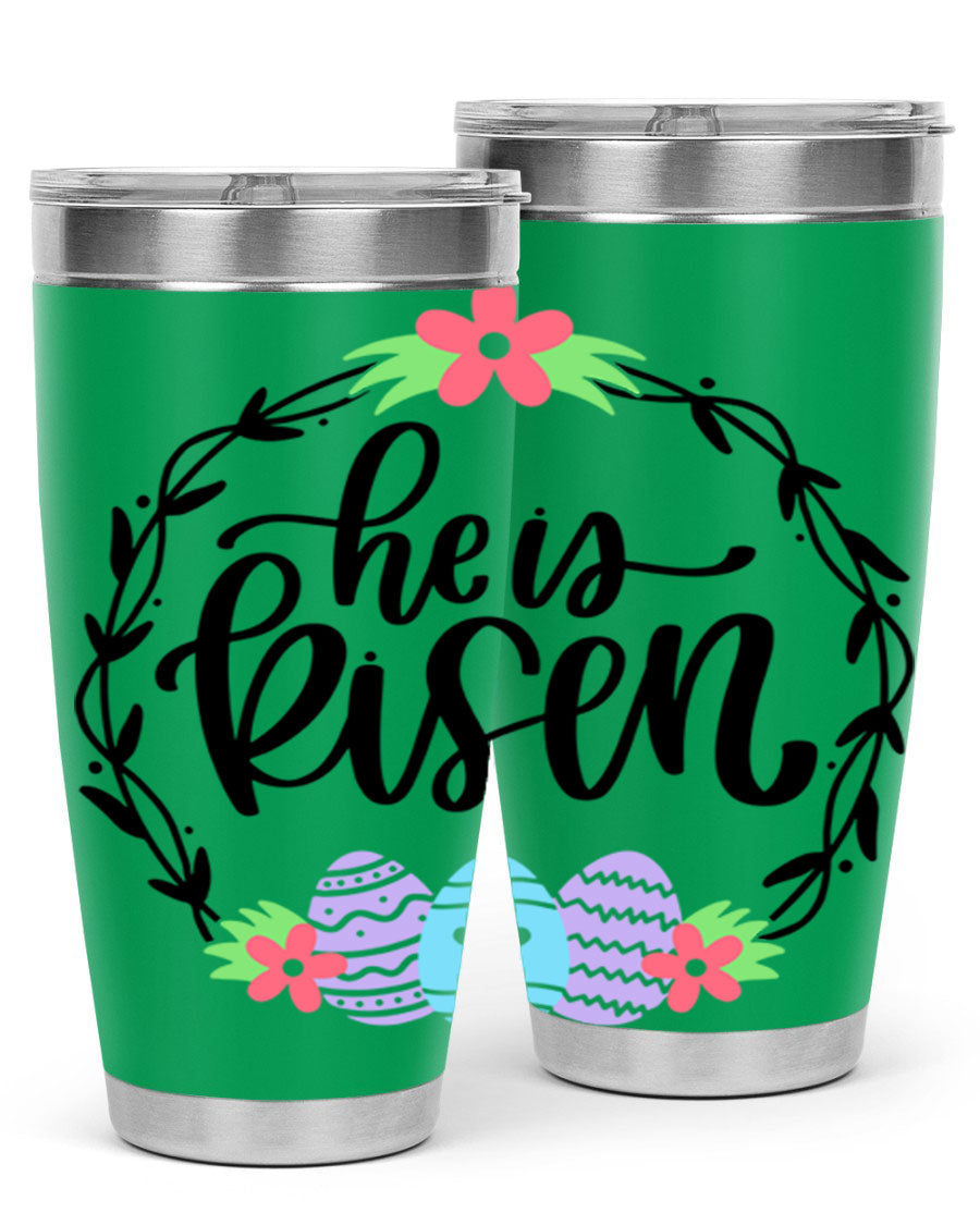 He is Risen 20oz tumbler featuring double wall vacuum stainless steel design with a drink-thru lid, perfect for hot and cold beverages.
