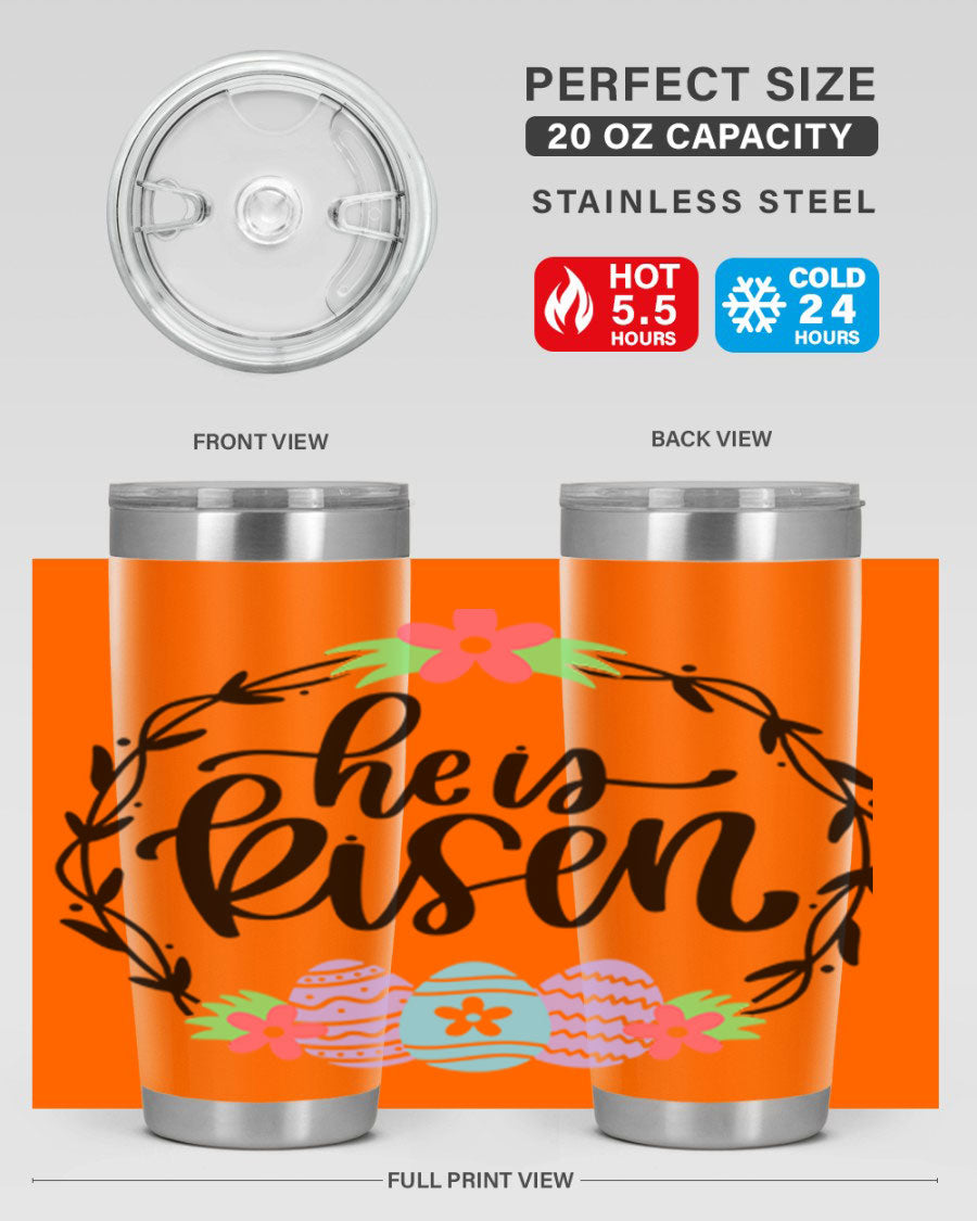 He is Risen 20oz tumbler featuring double wall vacuum stainless steel design with a drink-thru lid, perfect for hot and cold beverages.