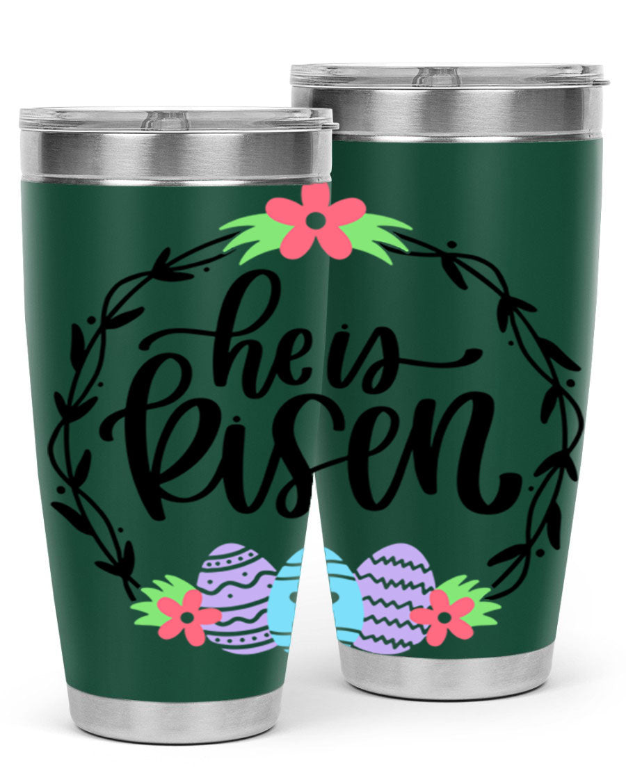 He is Risen 20oz tumbler featuring double wall vacuum stainless steel design with a drink-thru lid, perfect for hot and cold beverages.