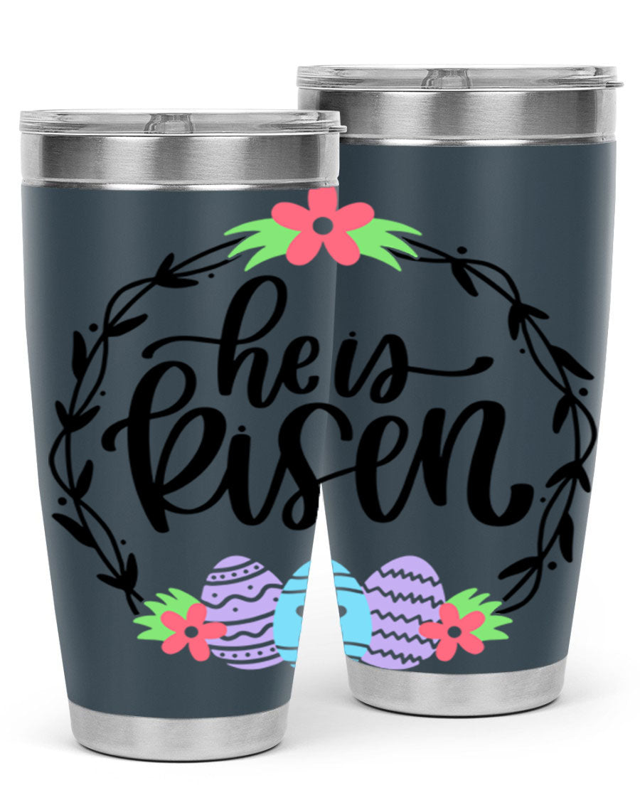 He is Risen 20oz tumbler featuring double wall vacuum stainless steel design with a drink-thru lid, perfect for hot and cold beverages.