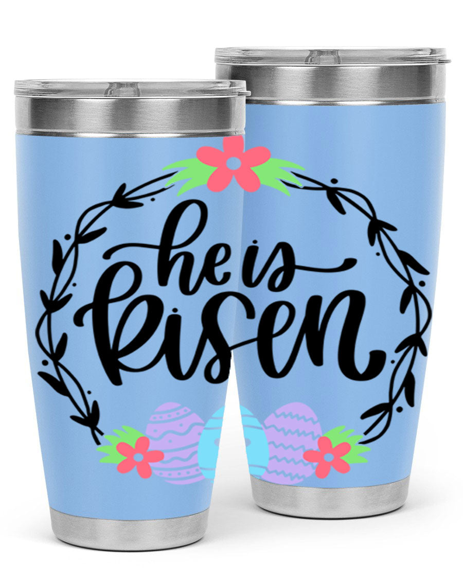 He is Risen 20oz tumbler featuring double wall vacuum stainless steel design with a drink-thru lid, perfect for hot and cold beverages.