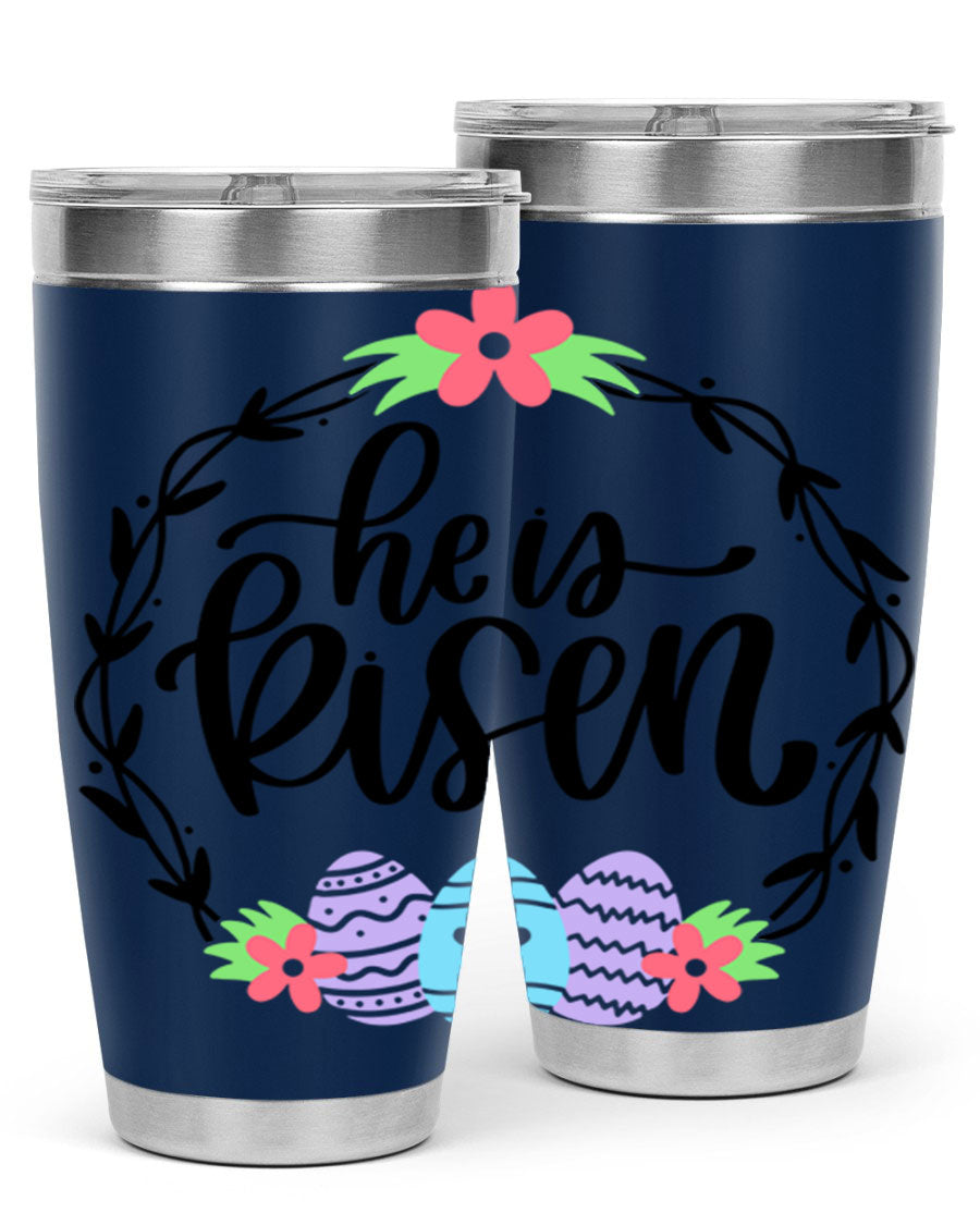 He is Risen 20oz tumbler featuring double wall vacuum stainless steel design with a drink-thru lid, perfect for hot and cold beverages.