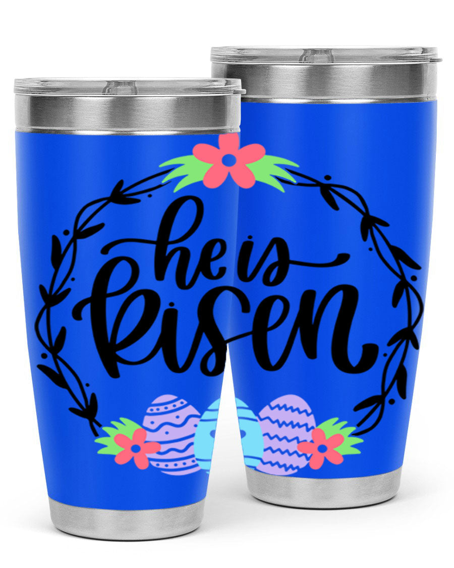 He is Risen 20oz tumbler featuring double wall vacuum stainless steel design with a drink-thru lid, perfect for hot and cold beverages.