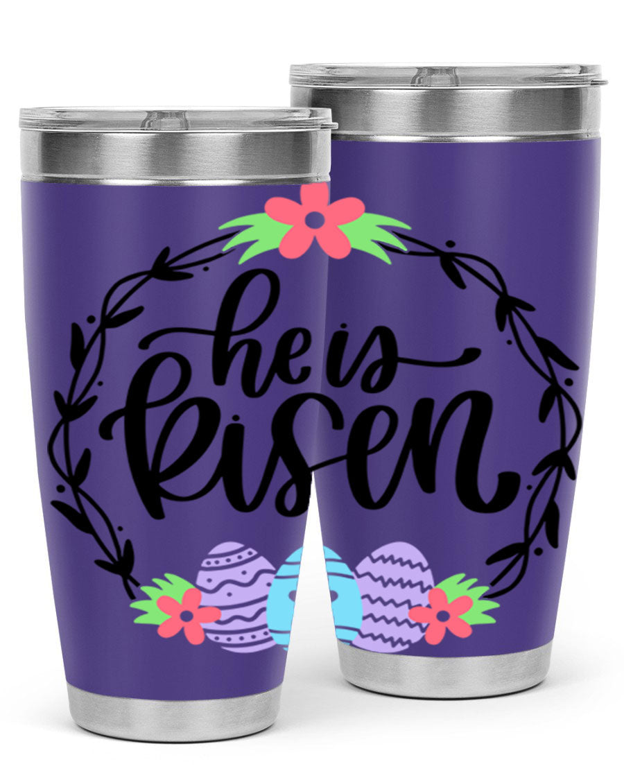 He is Risen 20oz tumbler featuring double wall vacuum stainless steel design with a drink-thru lid, perfect for hot and cold beverages.