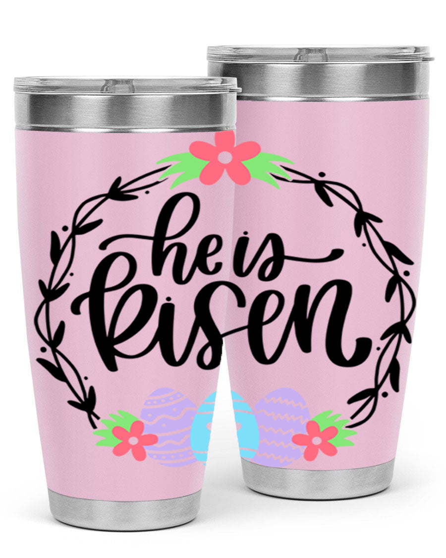 He is Risen 20oz tumbler featuring double wall vacuum stainless steel design with a drink-thru lid, perfect for hot and cold beverages.