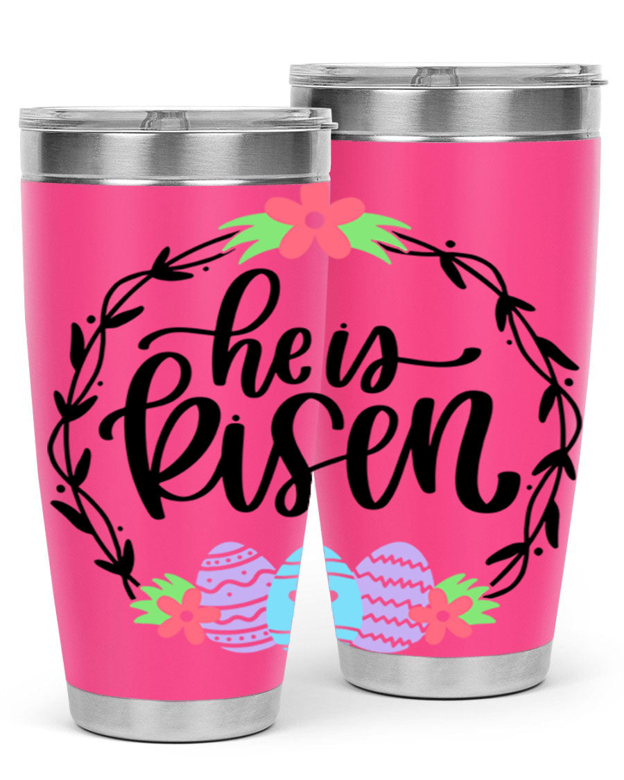 He is Risen 20oz tumbler featuring double wall vacuum stainless steel design with a drink-thru lid, perfect for hot and cold beverages.