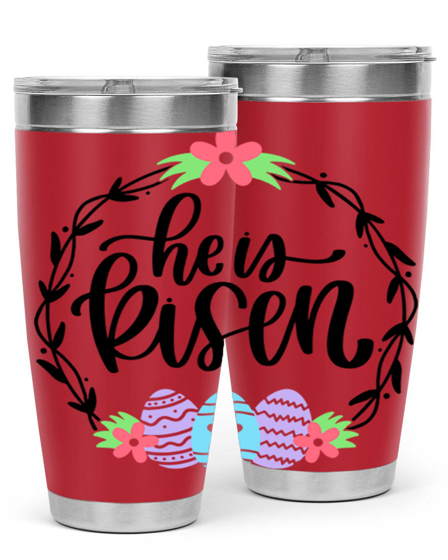 He is Risen 20oz tumbler featuring double wall vacuum stainless steel design with a drink-thru lid, perfect for hot and cold beverages.