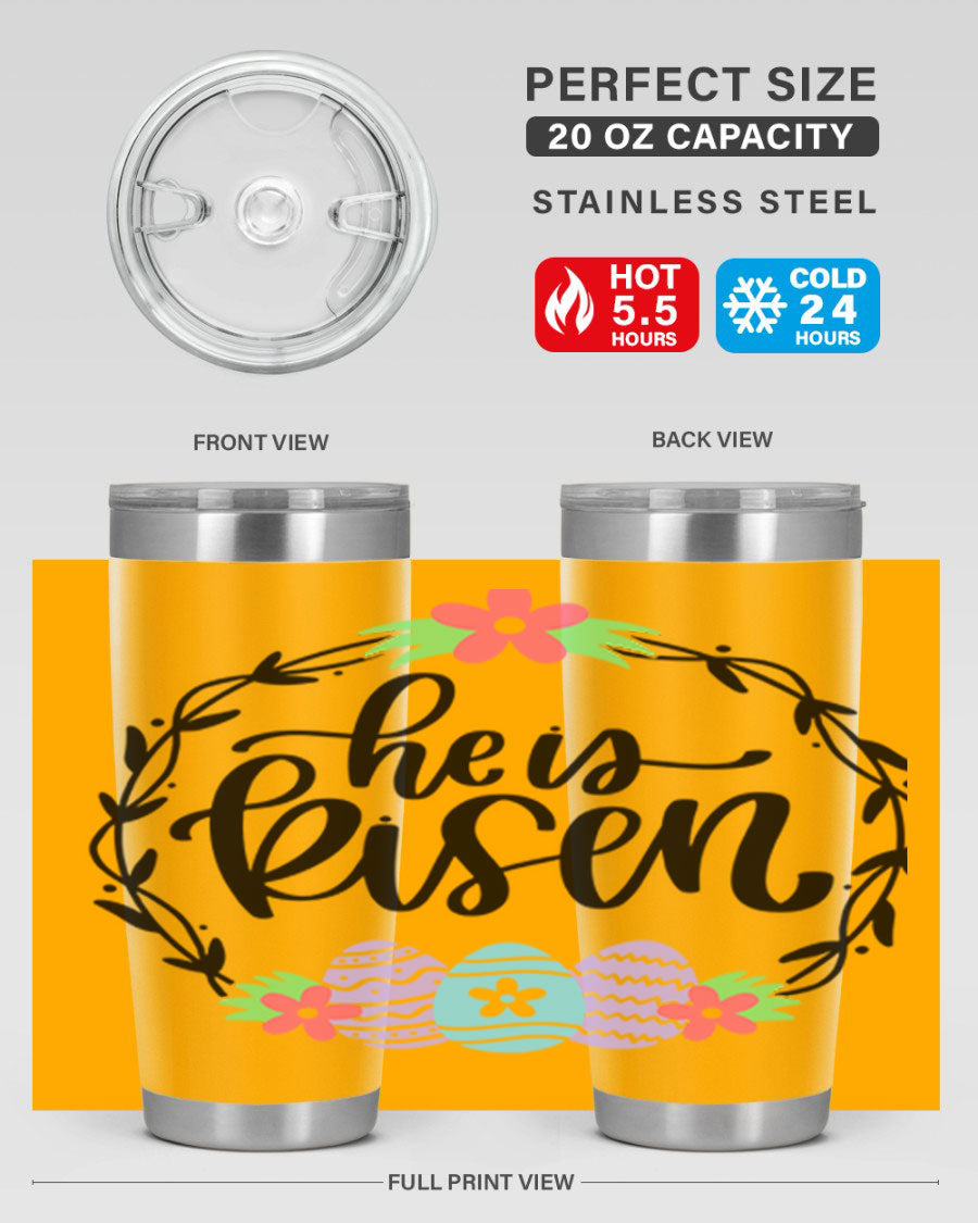He is Risen 20oz tumbler featuring double wall vacuum stainless steel design with a drink-thru lid, perfect for hot and cold beverages.
