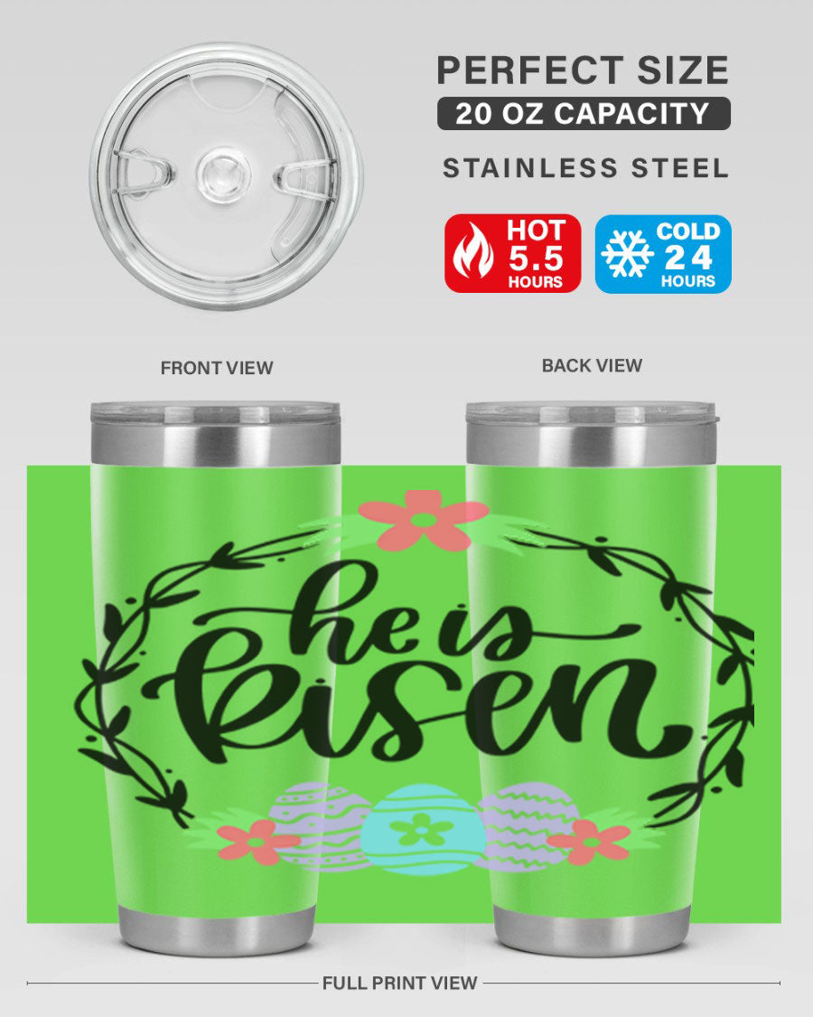 He is Risen 20oz tumbler featuring double wall vacuum stainless steel design with a drink-thru lid, perfect for hot and cold beverages.