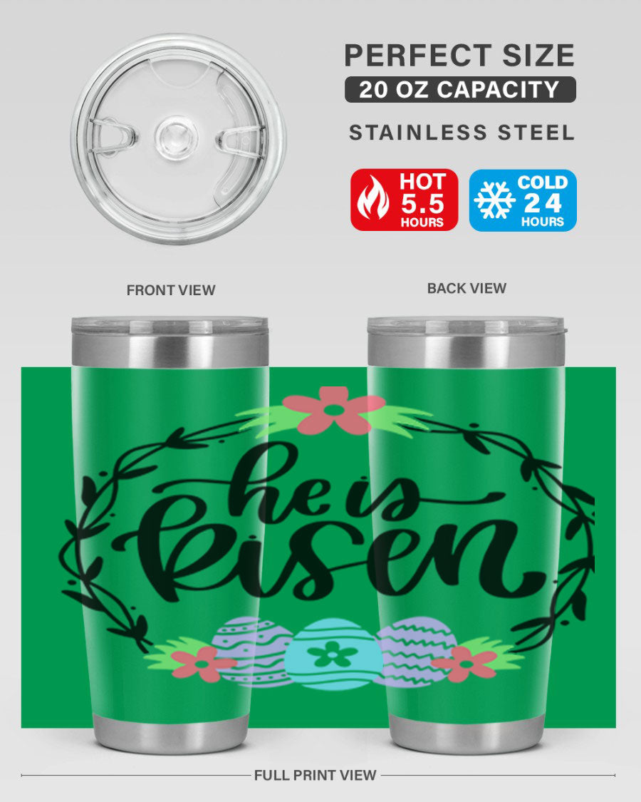 He is Risen 20oz tumbler featuring double wall vacuum stainless steel design with a drink-thru lid, perfect for hot and cold beverages.