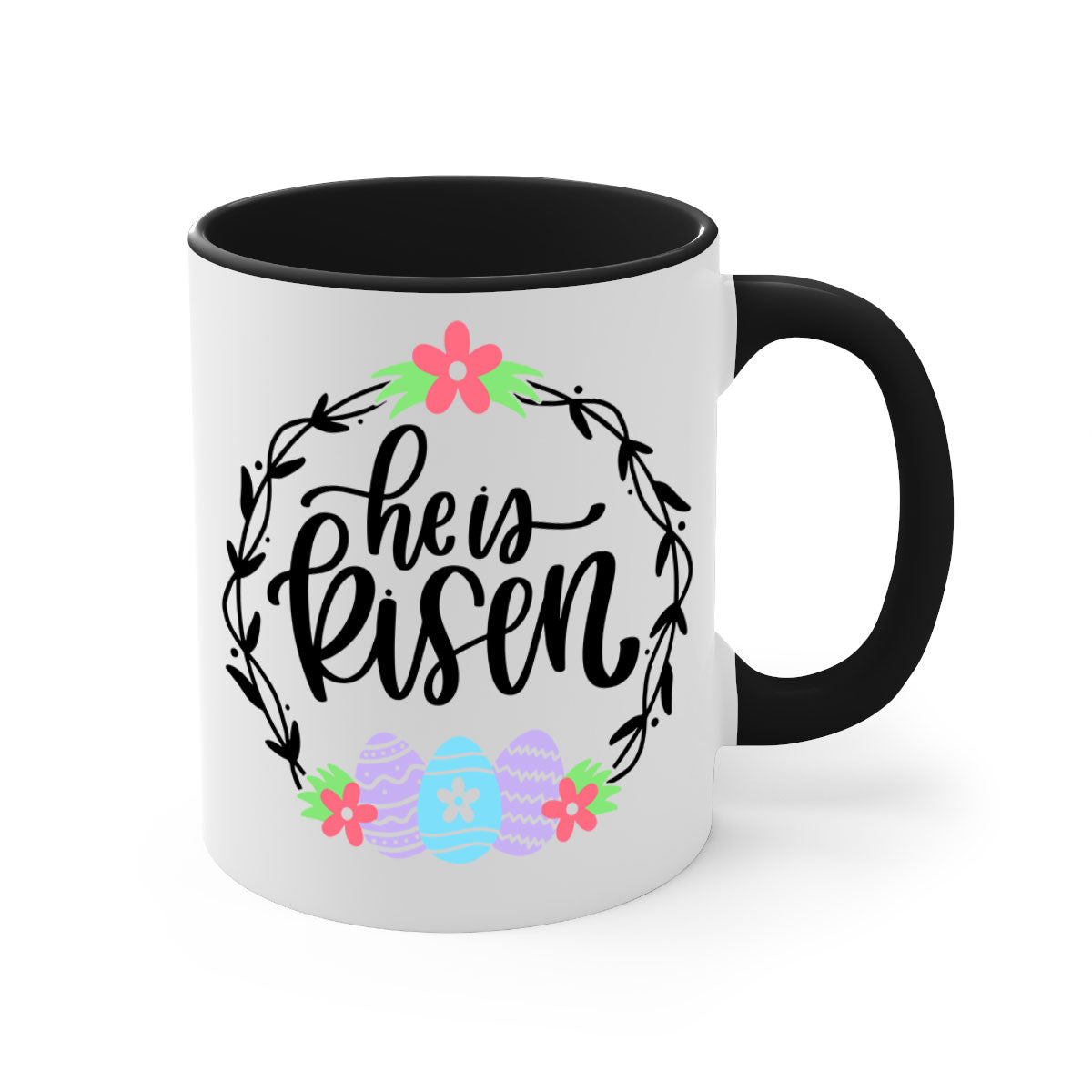 A stylish two-tone 'He is Risen' Easter mug with a glossy finish, featuring a colored handle and interior, available in multiple colors.