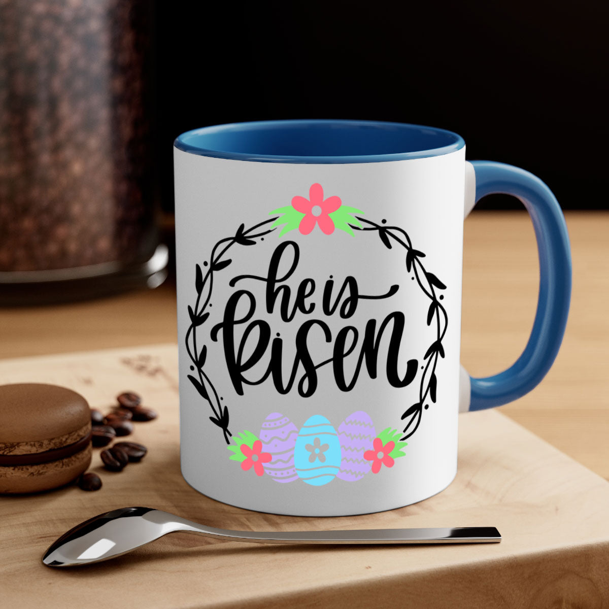 A stylish two-tone 'He is Risen' Easter mug with a glossy finish, featuring a colored handle and interior, available in multiple colors.